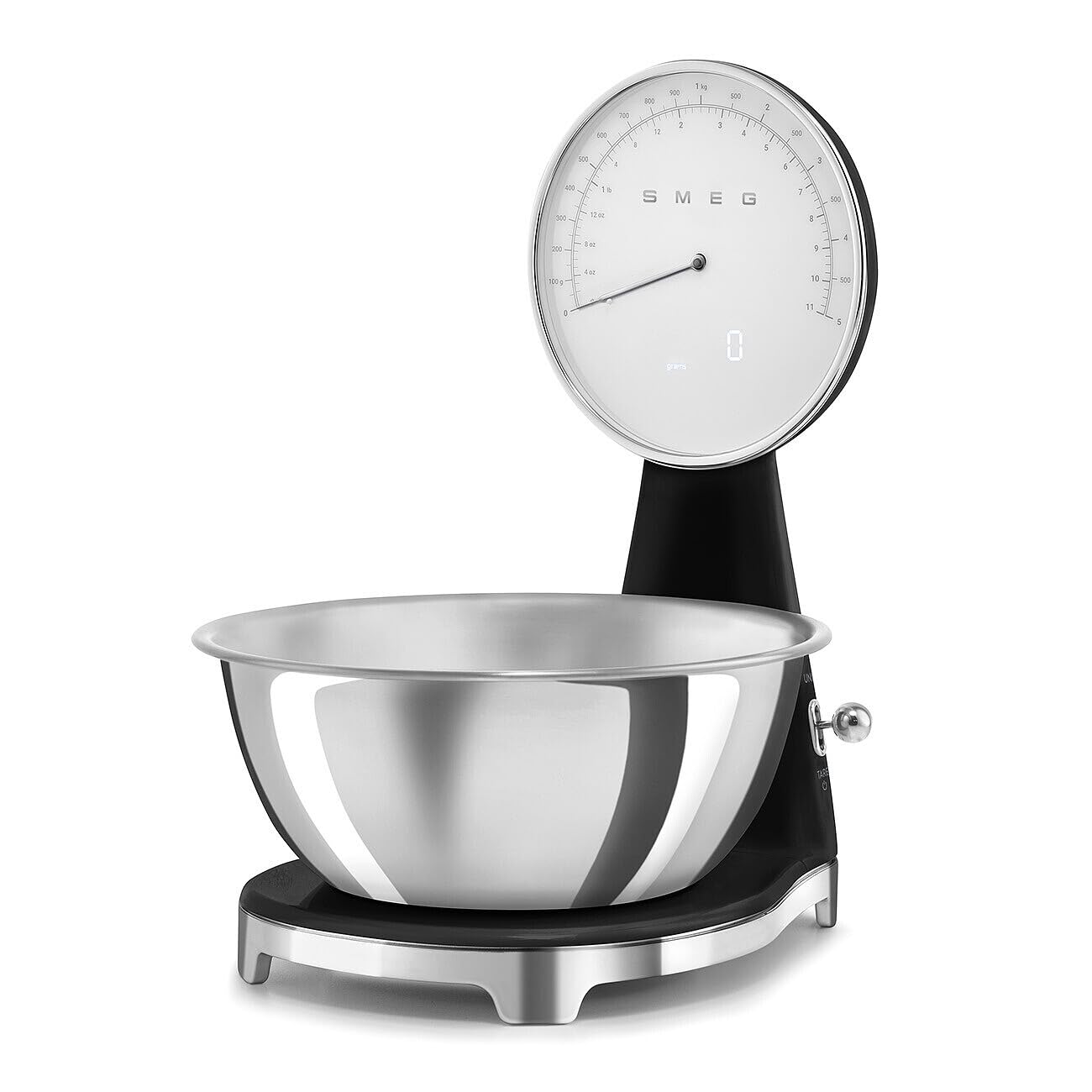 SMEG Retro-Style Kitchen Scale - 11 lb Capacity, Rechargeable Battery, Backlit LCD Display | Black Stainless Steel Bowl