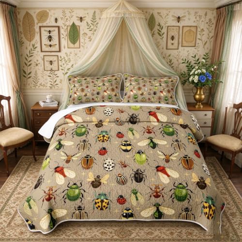 Castle Fairy Reptile Quilt Set Queen Size with Ladybug Pattern - Green Beige
