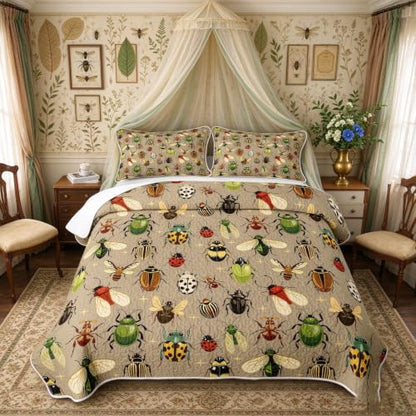 Castle Fairy Reptile Quilt Set Queen Size with Ladybug Pattern - Green Beige