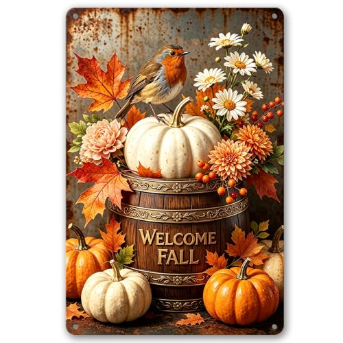Welcome Fall Tin Sign - Pumpkin Bird Daisy Patio Wall Decor 8x12 - Rustic Autumn Harvest