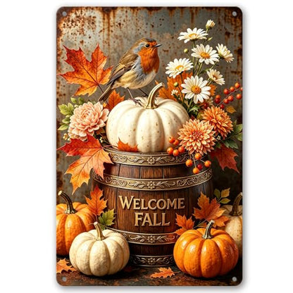 Welcome Fall Tin Sign - Pumpkin Bird Daisy Patio Wall Decor 8x12 - Rustic Autumn Harvest