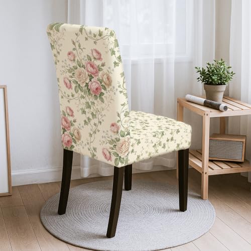 Cream Rose Chair Cover for Dining Chairs Vintage Floral Spring Washable Slipcover 1PCS
