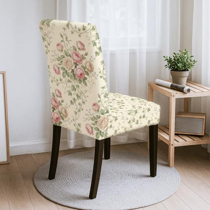 Cream Rose Chair Cover for Dining Chairs Vintage Floral Spring Washable Slipcover 1PCS