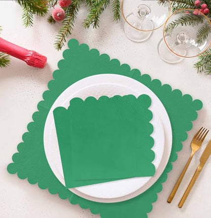 50 Pieces Green 3-Ply Disposable Cocktail Napkins - Scalloped, 5x5 Inches