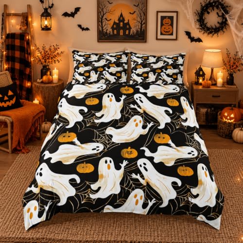 Halloween Ghost Duvet Cover Set Queen Size Black Orange Pumpkin Bedding