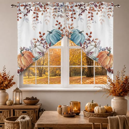 Blue Pumpkin Kitchen Valance Curtain Set - Leaf Pumpkin Pattern, 56W x 36L, Pack of 1 - Fall Decor