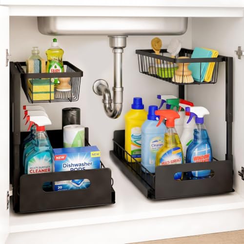 Under Sink Organizer 2 Pack - Adjustable Kitchen Cabinet Storage