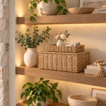 Decorative Storage Baskets with Lids - Woven Paper Rope Organizers Set