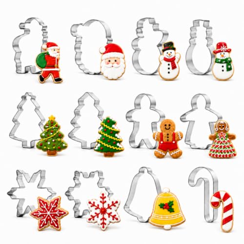 Christmas Cookie Cutter Set 12 Stainless Steel Holiday Baking Molds - Santa Snowman Tree