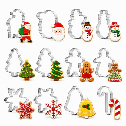 Christmas Cookie Cutter Set 12 Stainless Steel Holiday Baking Molds - Santa Snowman Tree