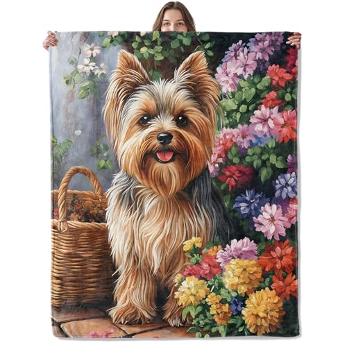 Cute Yorkshire Terrier Plush Blanket 60x50in Dog Throw for Couch & Bed - Pink