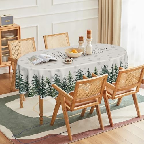 Horaldaily Christmas Tablecloth 60 x 84 Inch Oval Snow Trees White - Holiday Decor