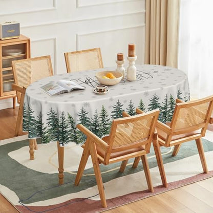 Horaldaily Christmas Tablecloth 60 x 84 Inch Oval Snow Trees White - Holiday Decor