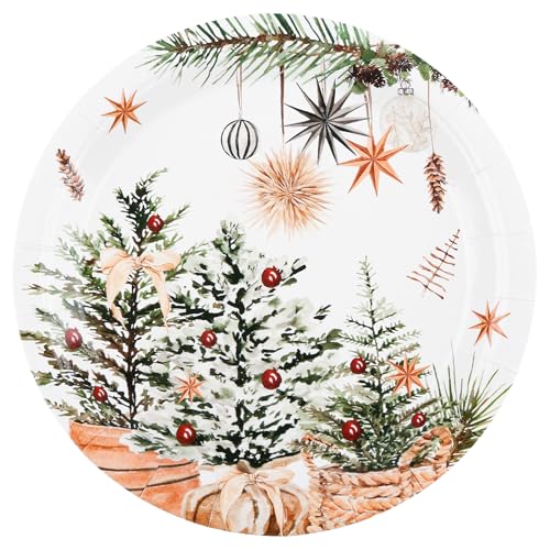 24 Pcs Christmas Holiday Dessert Plates Xmas Trees Holly Pine Cone Design