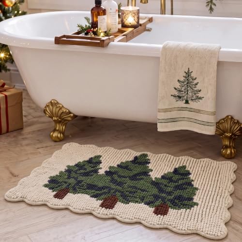 Junkin Christmas Tree Bathroom Rug - Scalloped Chenille Non-Slip Bath Mat