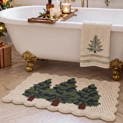 Junkin Christmas Tree Bathroom Rug - Scalloped Chenille Non-Slip Bath Mat