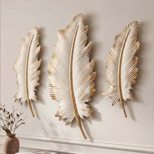 Large Metal Feather Wall Decor Set - Beige Gold 3D Wall Art for Living Room