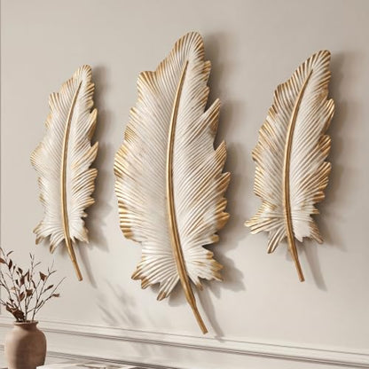 Large Metal Feather Wall Decor Set - Beige Gold 3D Wall Art for Living Room