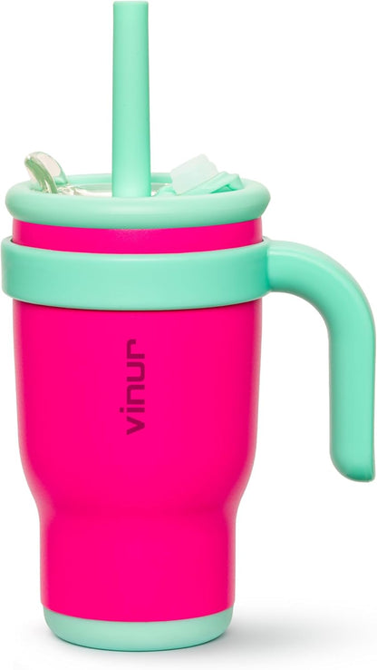 VINUR Kids Tumbler - 14 oz Stainless Steel Double Wall Vacuum Cup with Handle & Straw | Leak-Proof Rose Pink