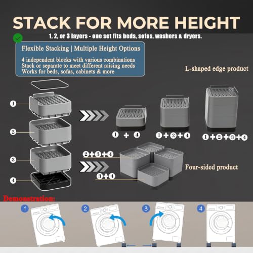 Heavy Duty Adjustable Bed Risers Stackable Sofa & Furniture Support 1.5-4.3 Inch