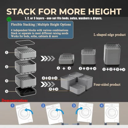 Heavy Duty Adjustable Bed Risers Stackable Sofa & Furniture Support 1.5-4.3 Inch