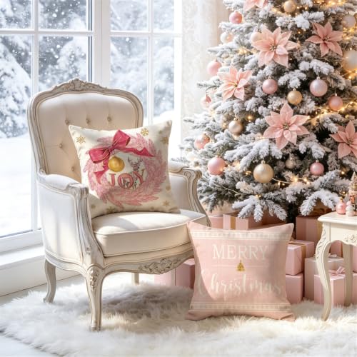 20x20 Inch Christmas Wreath Pillow Covers Set of 4 - Pink Holiday Decor