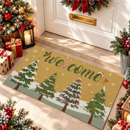 Christmas Welcome Mat 16x30 Inch Non-Slip Faux Coir Front Door Rug with Christmas Tree Pattern