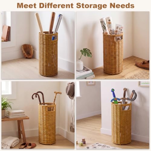 Yellow-Brown Rattan Umbrella Holder Stand for Entryway, 17" Tall Indoor