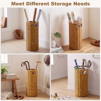 Yellow-Brown Rattan Umbrella Holder Stand for Entryway, 17" Tall Indoor