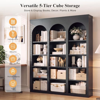 MapleGrace 71-Inch Triple Arched Tall Bookcase with Shelves - Black