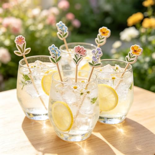 100PCS Floral Design Cocktail Picks for Fruit & Snacks - Bamboo Toothpicks