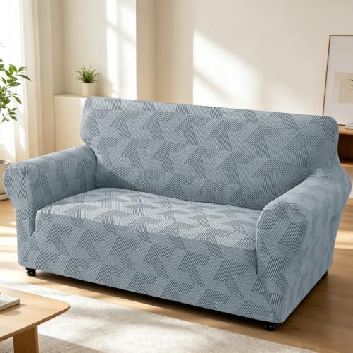Stretch Couch Cover for 2 Cushion Loveseat - Light Grey, Geometrical Jacquard, Medium (55-69")