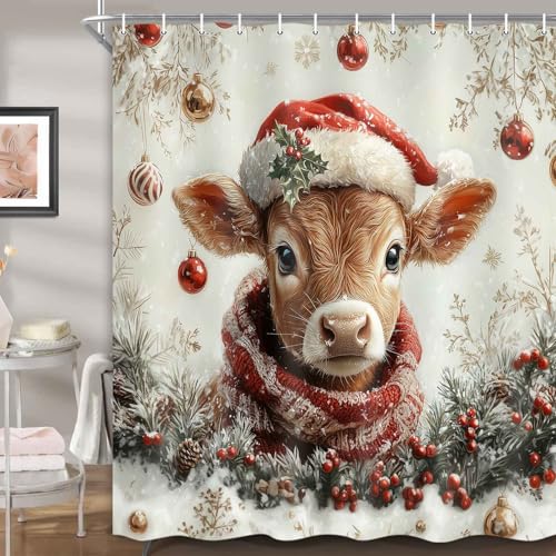 Beige Christmas Shower Curtain with Highland Cow Winter Holiday Decor 72x72 Inch