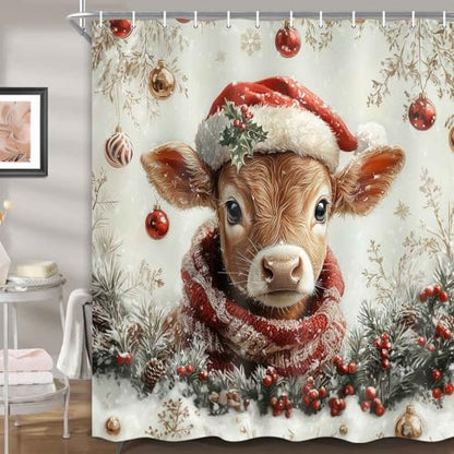 Beige Christmas Shower Curtain with Highland Cow Winter Holiday Decor 72x72 Inch