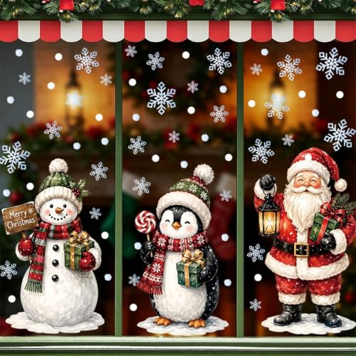 3pcs Christmas Snowman Window Clings - Large Winter Holiday Decor with Santa Penguin Snowflakes - Variation 1283