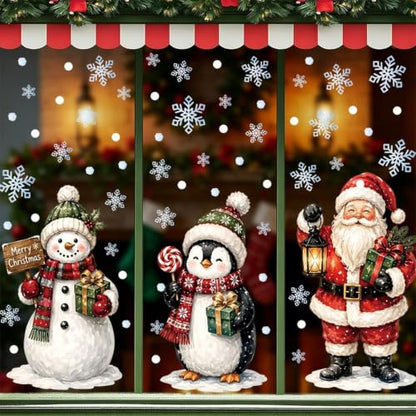3pcs Christmas Snowman Window Clings - Large Winter Holiday Decor with Santa Penguin Snowflakes - Variation 1283