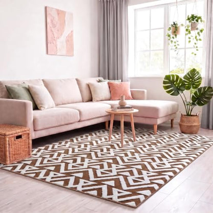 Soft 5x8 Geometric Shaggy Area Rug for Living Room & Bedroom - Non Slip Beige