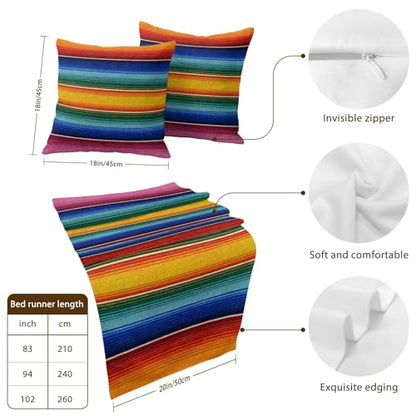 Mexican Stripes King Bed Runner & Pillow Cover Set Pink Turquoise Yellow 94x20