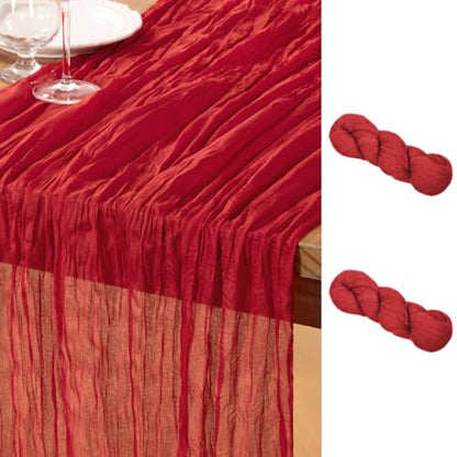 Red Cheesecloth Table Runners 2 Pack - Boho Farmhouse Style, 35x120 Inches