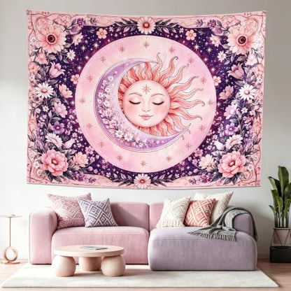 Purple & Pink Boho Sun and Moon Tapestry Wall Hanging 60x44 Inches - Bedroom Decor