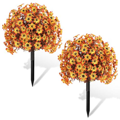 Artificial Fall Mums Topiary Ball Tree with Ground Spike - Orange