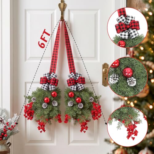 Christmas Teardrop Door Swag Wreath with Buffalo Plaid Bow - Holiday Decor