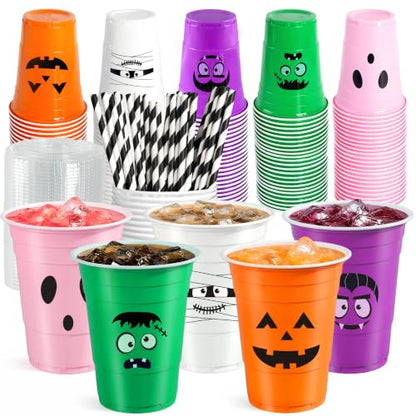Multicolor 16oz Halloween Plastic Cups with Lids & Straws - Pack of 50