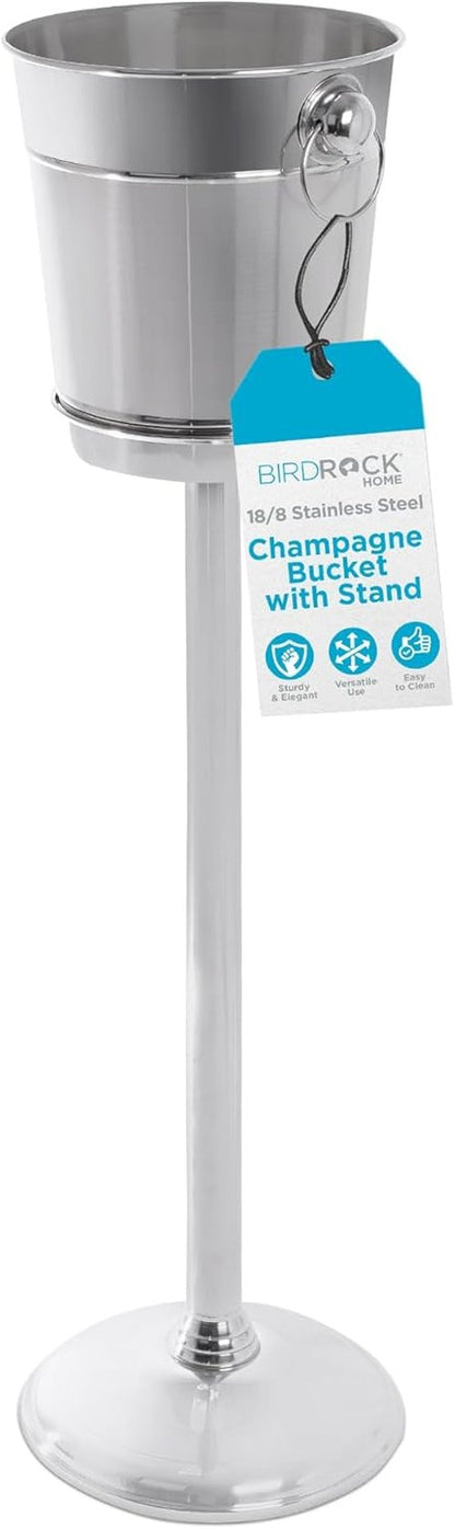 BIRDROCK HOME 18/8 Stainless Steel Champagne Bucket with Stand | Wine Chiller for Parties | 32in Free Standing Ice Holder | Outdoor Indoor Use