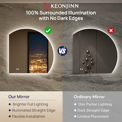 Keonjinn 36x36 Inch Half Moon Backlit Bathroom Mirror with HD Tempered Glass - Vertical Cut