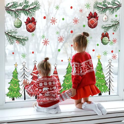 Christmas Window Clings Set - 9 Sheets Red-Green Holiday Decals for Winter Decor
