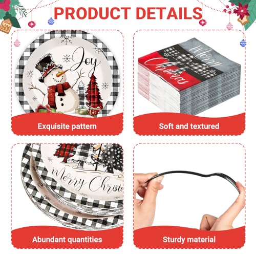 Christmas Paper Plate and Napkin Set - Buffalo Plaid 9x7 Inch, 200 pcs