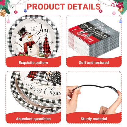Christmas Paper Plate and Napkin Set - Buffalo Plaid 9x7 Inch, 200 pcs