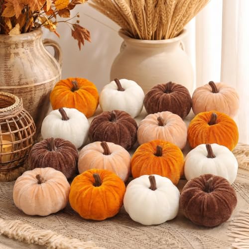 16 Pcs Fall Velvet Pumpkin Decor Assorted Mini Artificial Pumpkins for Autumn Harvest Thanksgiving
