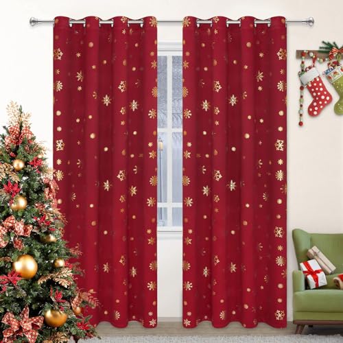 Red Snowflake Foil Print Christmas Curtains Set of 2, 52 x 96 Inches